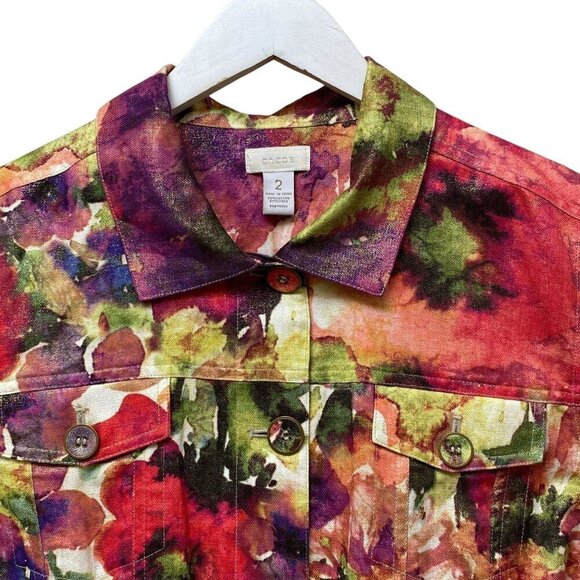 CHICO'S Watercolor Print Jacket Size Large (Chico's 2) Linen/Cotton Womens Top - Picture 2 of 11